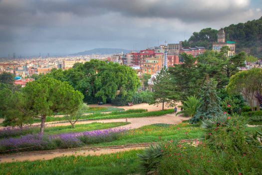 Building in Park Guell, view on Barcelona, Spain