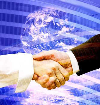 Business handshake on modern background