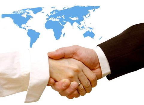 Agreement handshake. World map in the background, conceptual