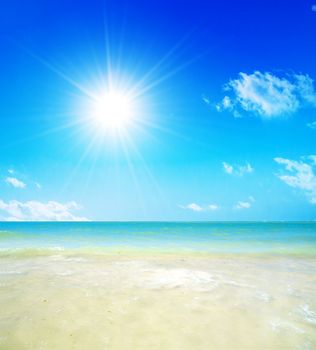 Tropical beach, sunny blue sky