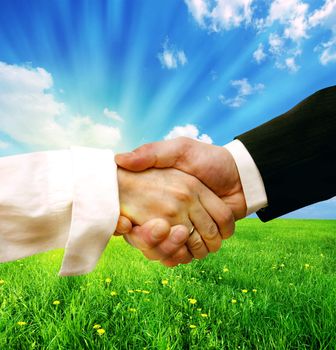 Business handshake on nature background concept