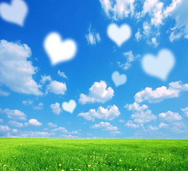 Love nature background, with white symbolic hearts on sky