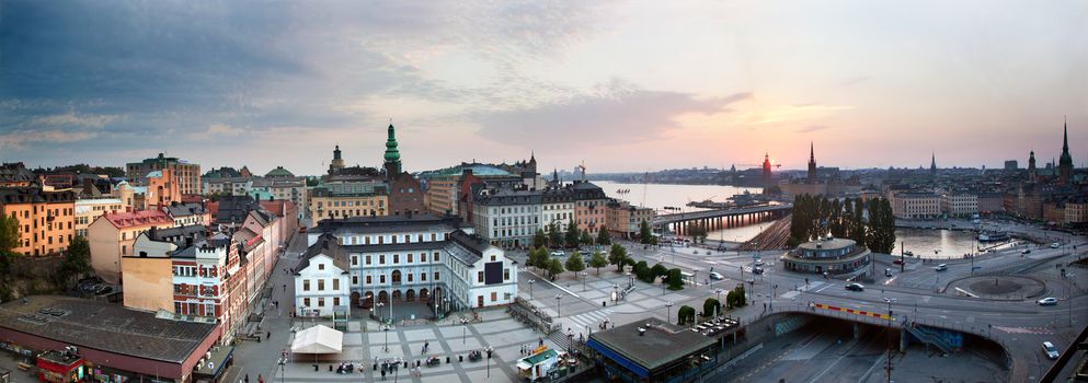 Stockholm, Sweden wide panorama at sunset. View on a part of the old town