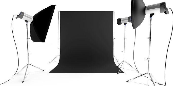 photo studio equipment with flashes and background