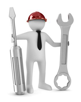 Man with screwdriver and spanner on white background. Isolated 3D image