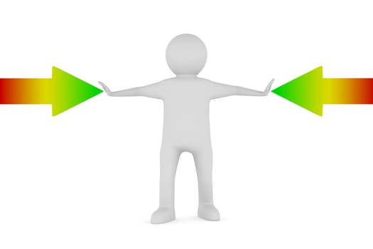 man and arrows on white background. Isolated 3D image