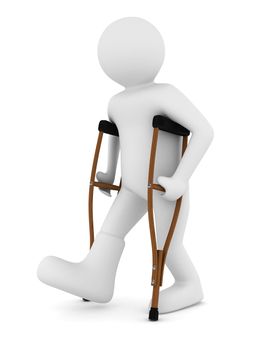 man on crutches on white background. Isolated 3D image