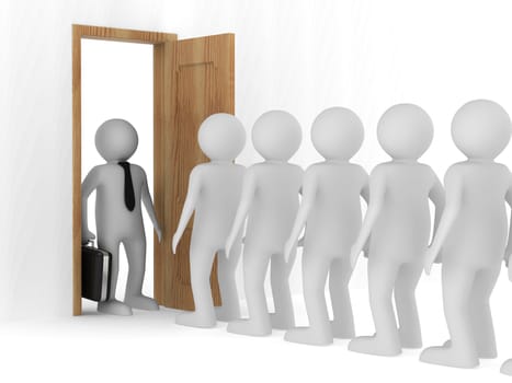 People standing one after another before the open door