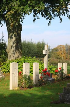 The corner of a rural country church graveyard. Memorial head stones with red roses growing around, in honour of those who lost their lives in world war one. Located near Salisbury in Wiltshire.