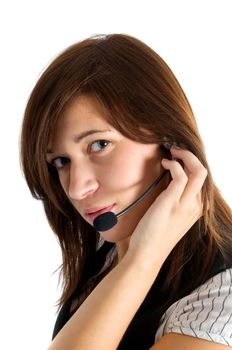 Friendly customer service agent smiling during telephone conversation