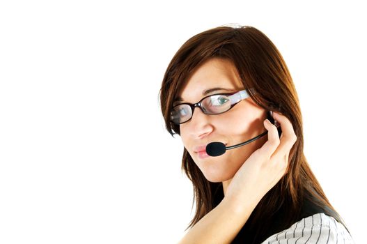 Friendly customer service agent smiling during telephone conversation