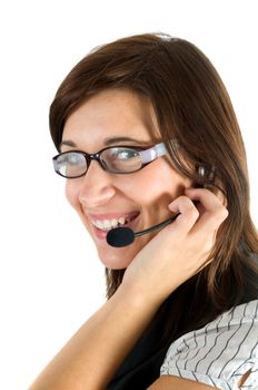 Friendly customer service agent smiling during telephone conversation