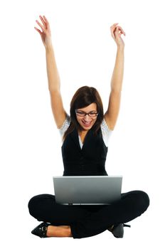 Successful busineswoman with laptop on white background