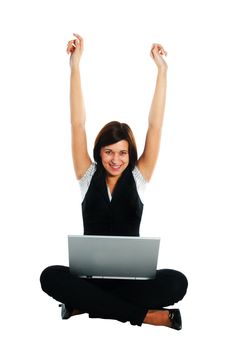 Successful busineswoman with laptop on white background