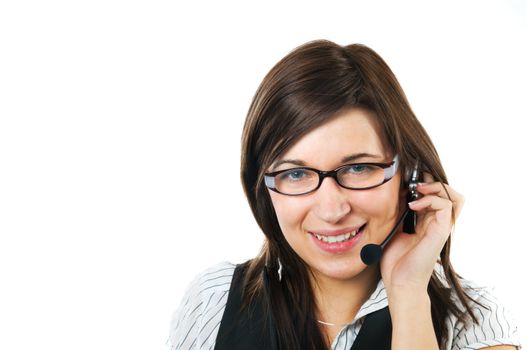 Friendly customer service agent smiling during telephone conversation