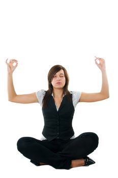 Businesswoman relaxing, meditating. Isolated on white background