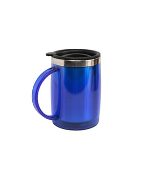 Modern blue small thermos isolated on white with clipping path