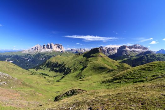 summer landscape of Italian Dolomites with Sella and Sassolungo groups
