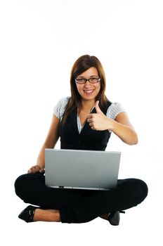 Successful busineswoman with laptop on white background