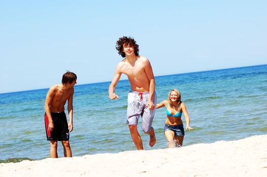 Young attractive friends having fun the summer beach