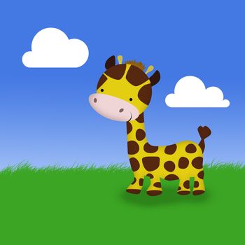 A cute cartoon giraffe standing on green grass in front of the blue sky with clouds.
