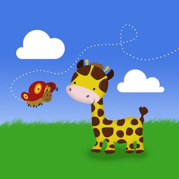 A cute cartoon giraffe and a butterfly standing on green grass in front of the blue sky with clouds.