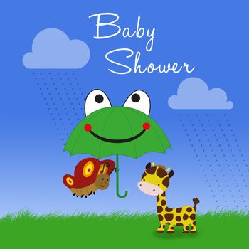 A cute clipart illustration: a giraffe and a butterfly under a frog umbrella in a rainy cartoon scene.