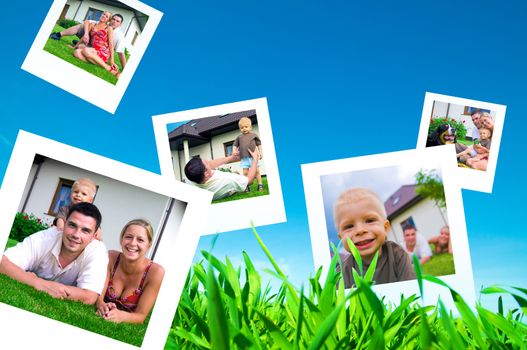 Pictures of a happy family flying on blue sky