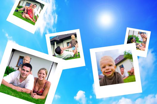 Pictures of a happy family flying on blue sky