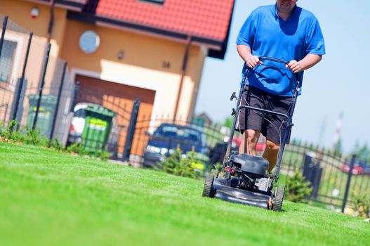 Man mowing the lawn. Gardening 