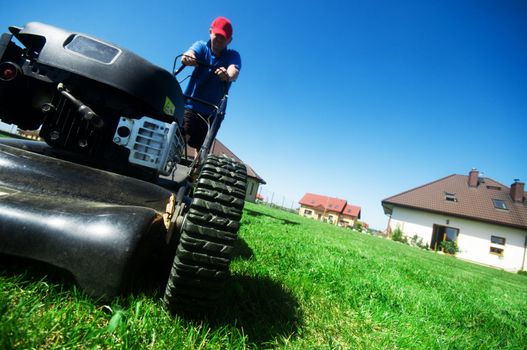 Man mowing the lawn. Gardening 