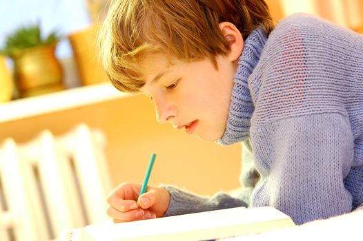 Boy doing homework on bed in sunny bedroom