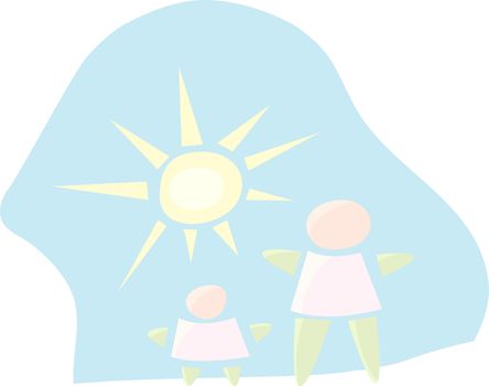 Abstract parent and child figures with sun and sky background