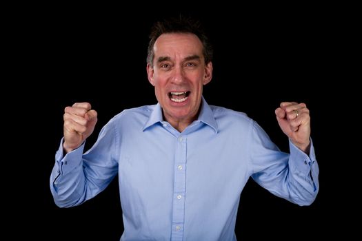 Angry Shouting Middle Age Business Man Shaking Fists Black Background