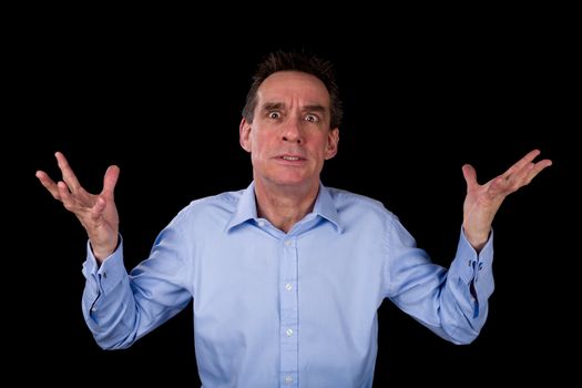 Angry Frustrated Middle Age Business Man Hands Raised Black Background