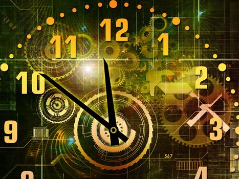 Abstract interplay of clock symbols and graphic elements on the subject of time, technology, past, present and future.