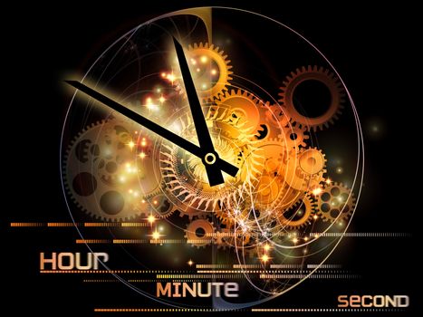 Interplay of elements of a clock and abstract elements on the subject of time, progress, past, present and future of technology