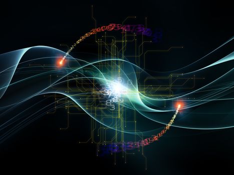 Interplay of electronic circuitry, digits and design elements on the subject of networking, digital processing, communications and modern technologies