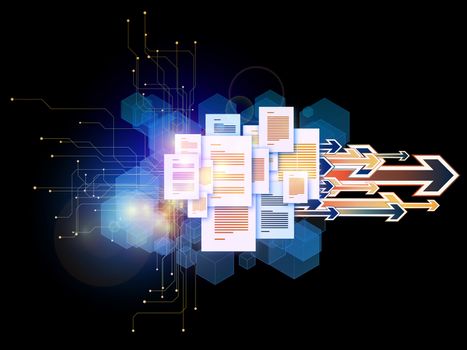 Interplay of document pages and abstract graphic elements on the subject of document processing, office, communications, information sharing and virtual reality