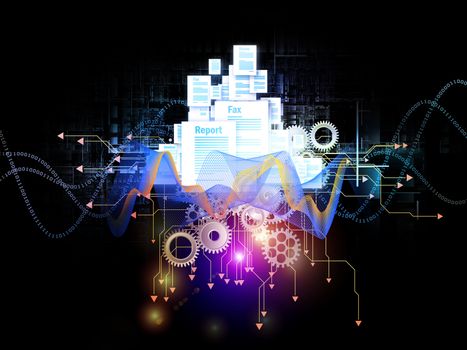 Interplay of document pages and abstract graphic elements on the subject of document processing, office, communications, information sharing and virtual reality