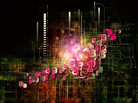 Interplay of electronic circuitry, digits and design elements on the subject of networking, digital processing, communications and modern technologies