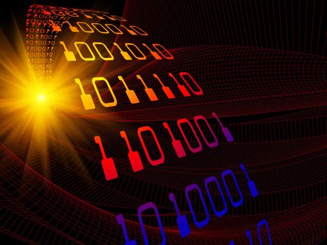 Conceptual interplay of perspective lines, shapes and symbols on the subject of business transactions, data processing, telecommunications and Internet.