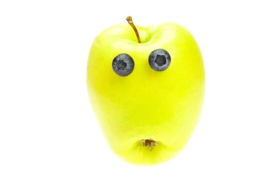 funny little man from the apple with the eyes of blueberries isolated on white