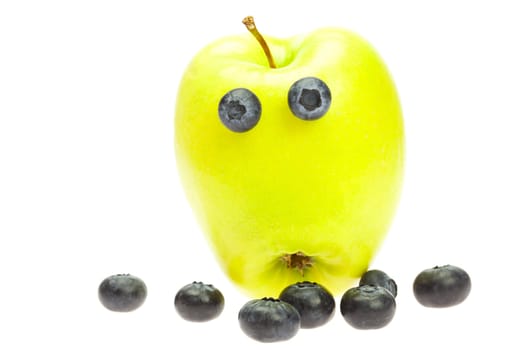 funny little man from the apple with the eyes of blueberries isolated on white