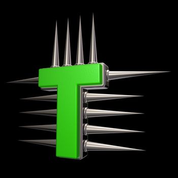 letter t with metal prickles on black background - 3d illustration