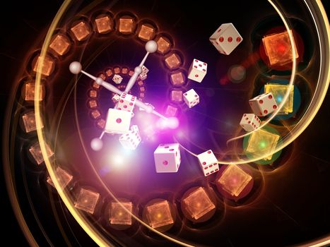 Interplay of dice, roulette wheel elements and abstract graphics on the subject of chance, luck, casino, games and risk