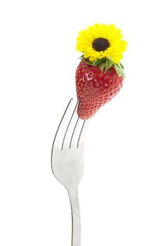 strawberry with a flower on a fork isolated on white
