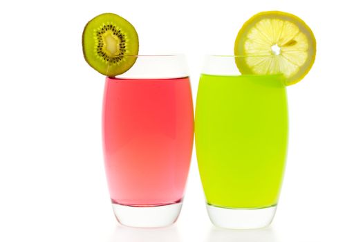 Two cocktails with slices of kiwi and lemon isolated on white