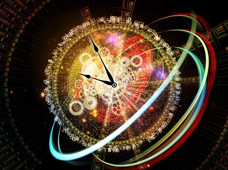 Interplay of clock elements, digits, lights and abstract graphics on the subject of time, digital technology, progress, past, present and future