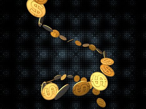 Stream of golden dollar coins on the subject of finance, money, business and commerce